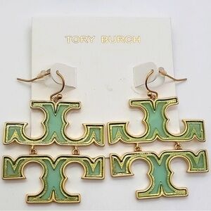 NEW Tory Burch Womens Britten Logo Green Drop Earrings (Gold) on TB Earring Card